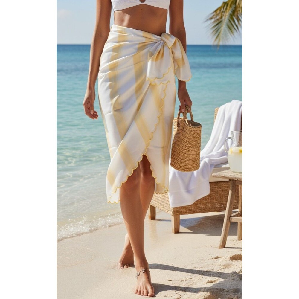 DESIGNER MAN REPELLER SCALLOPED ACCENT YELLOW /WHITE COVER-UP ONE SIZE